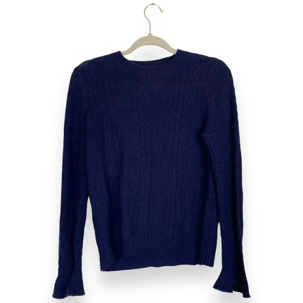J. CREW Cableknit Wool Sweater Bell Sleeves F5085‎ Small Winter Navy Blue Ruffle